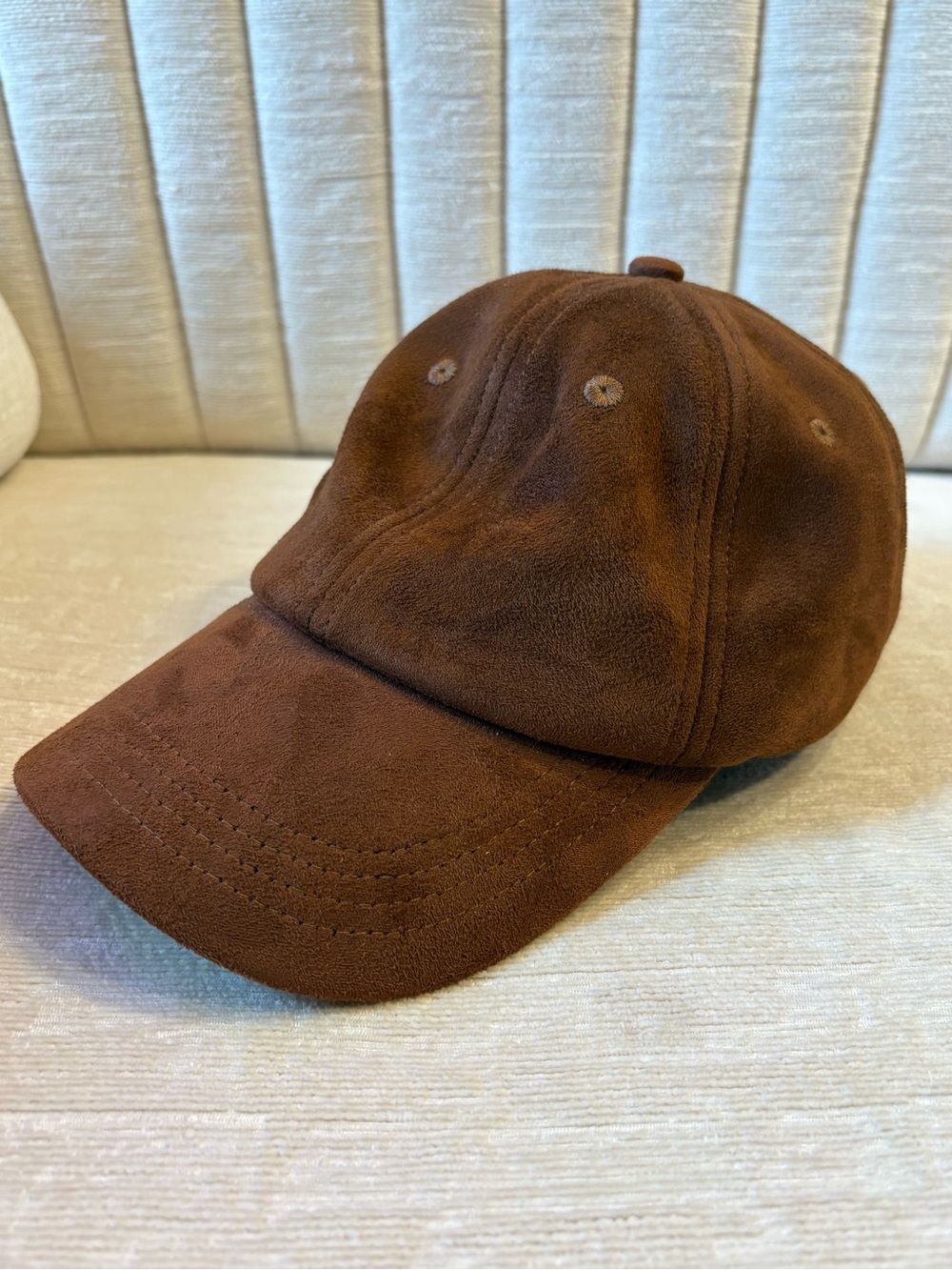 H&M Brown Faux Suede Baseball Hat Cap Ear Flaps Blue Toggle Cord XS/S